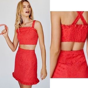 Free People Two Piece Set Red Jacquard Lace Top and Skirt